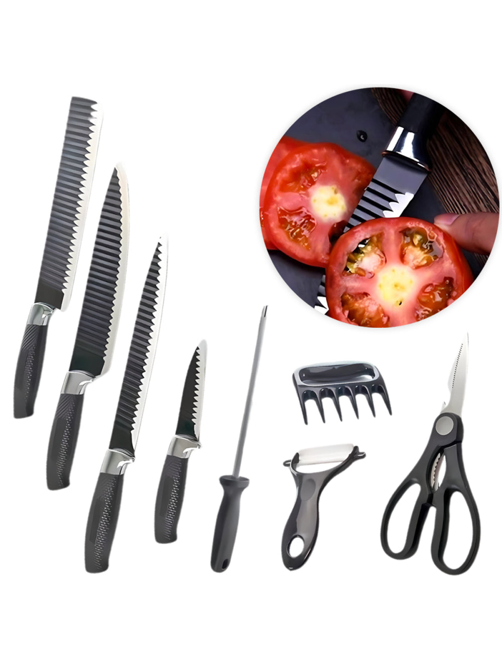 Jogo de Facas Conjunto 8 Peças Aço Inox Garra Tesoura Cozinha