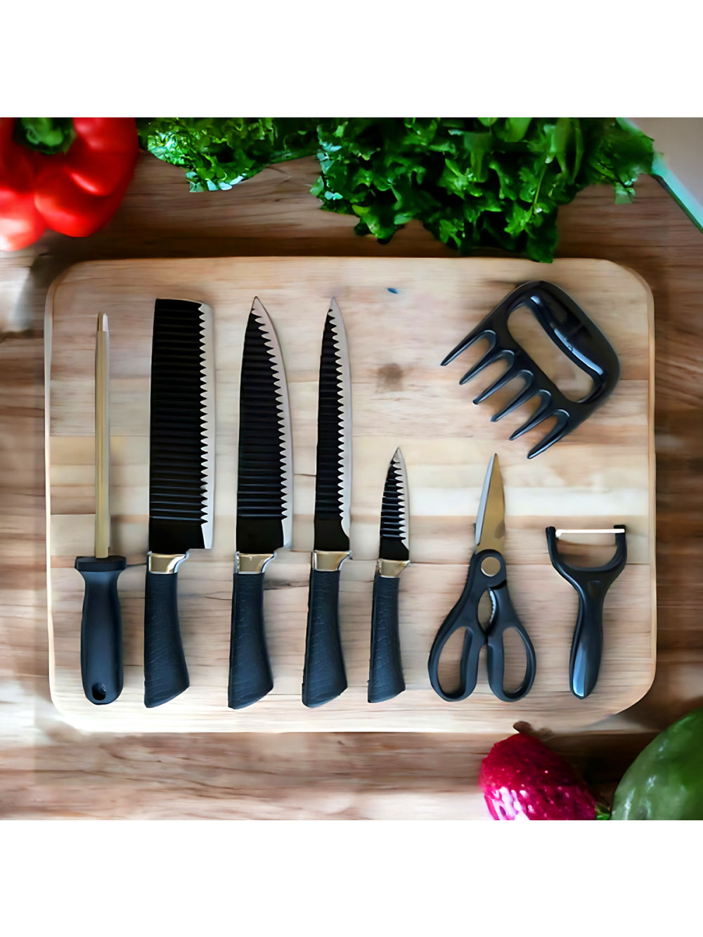 Jogo de Facas Conjunto 8 Peças Aço Inox Garra Tesoura Cozinha