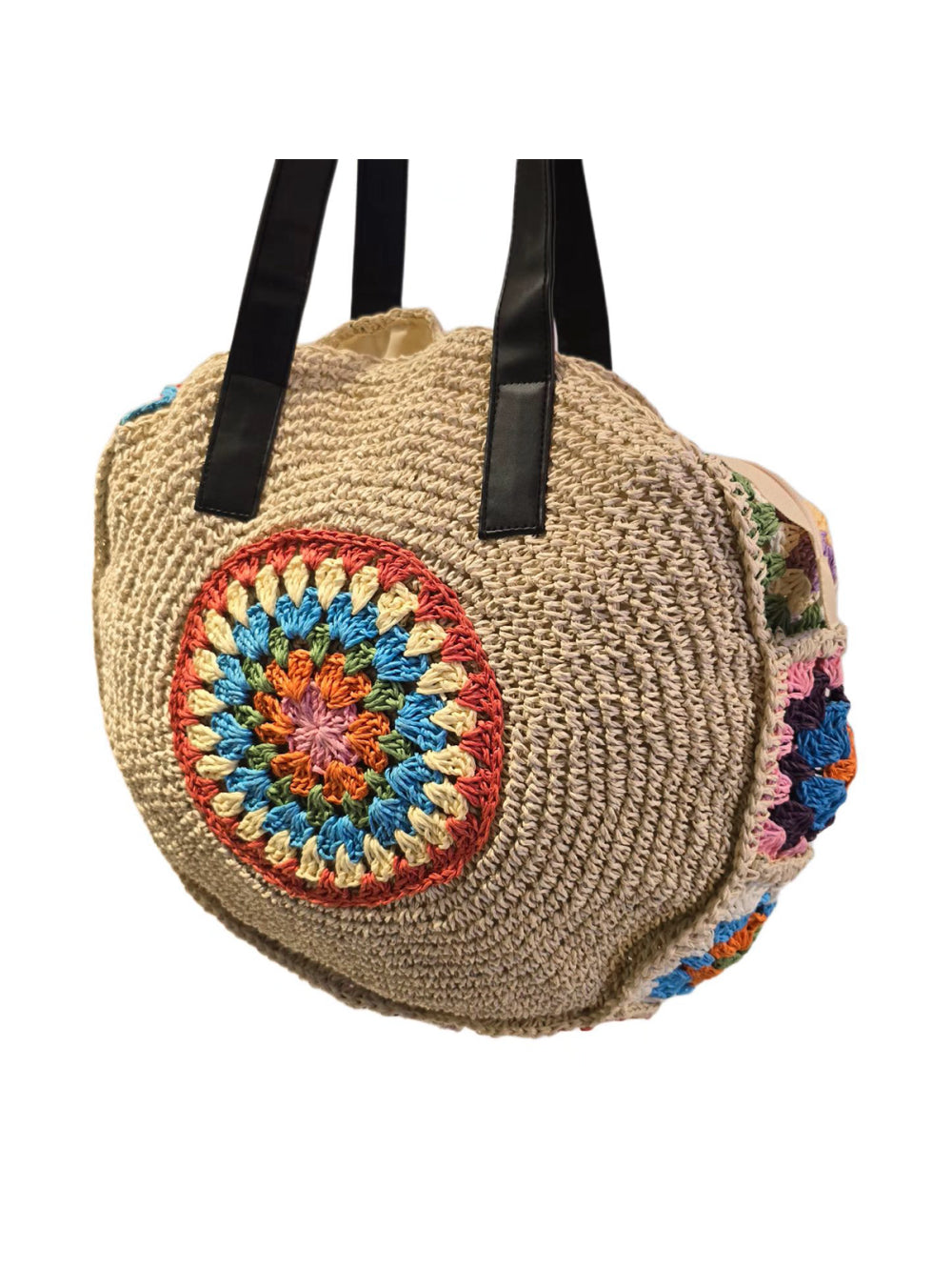 Bolsa Artesanal Praia Forrada Redonda Crochê Grande Verão Cor:Palha