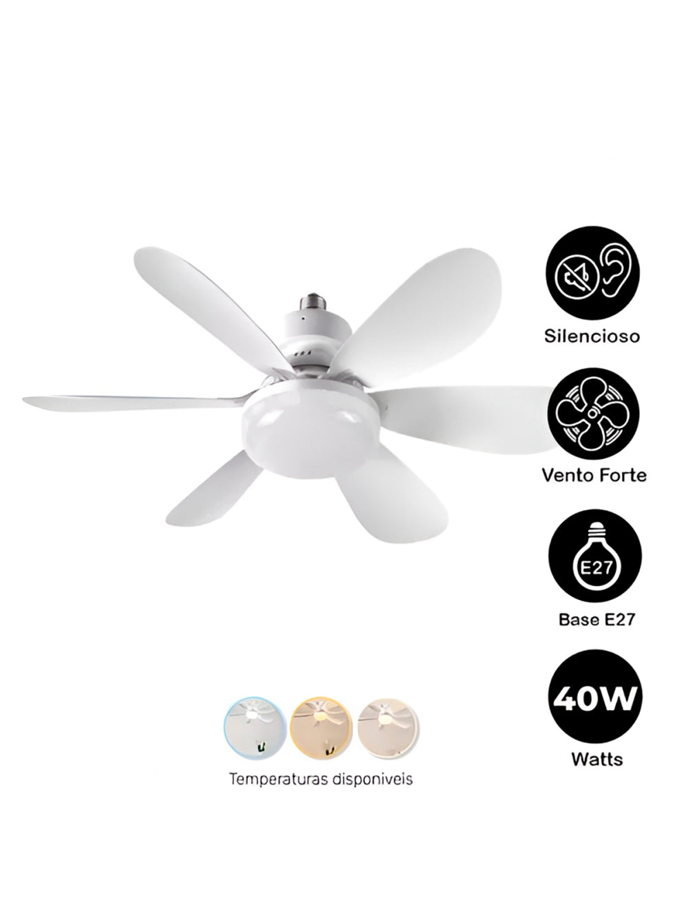 Ventilador De Teto Luz Led Silencioso 40W E27 6 Pás