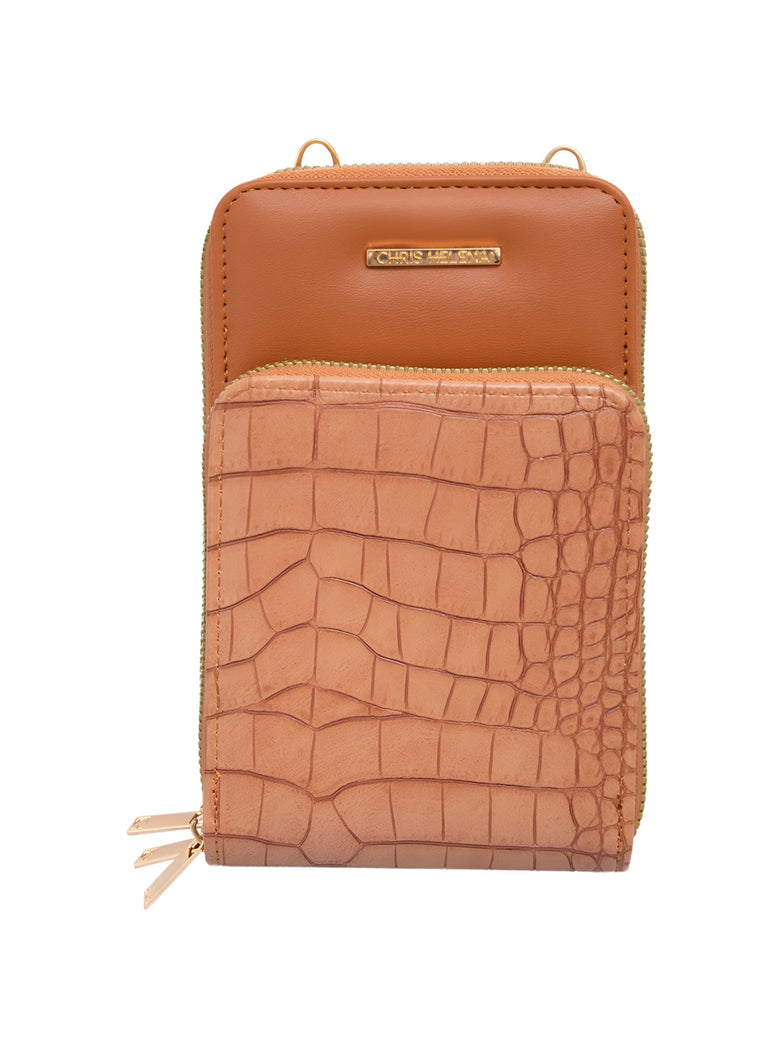 Bolsa Carteira Feminina Com Alça Textura Croco Cor:Preto
