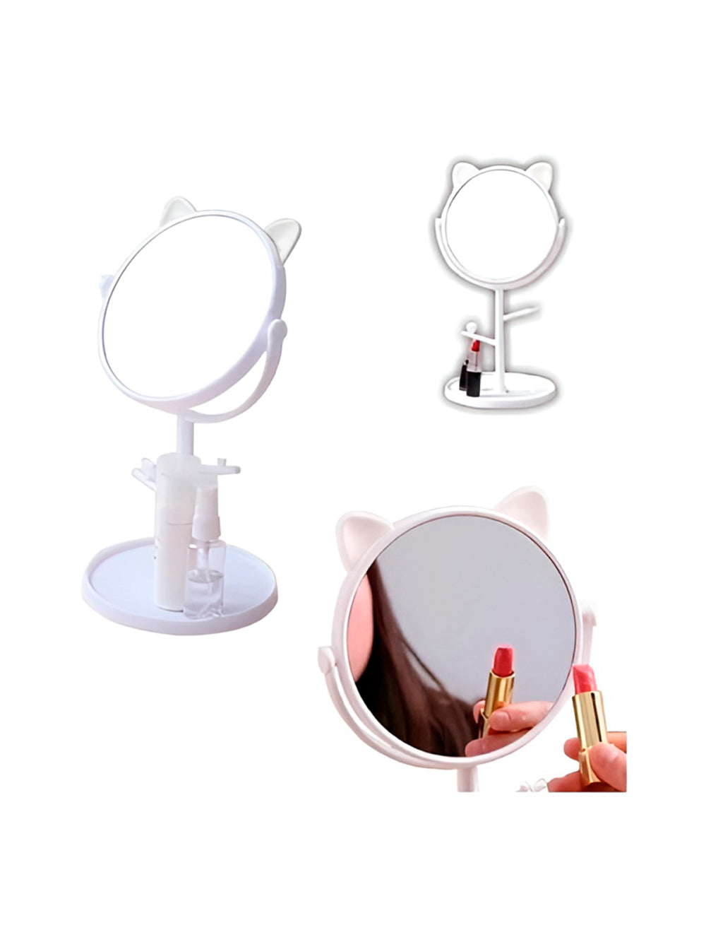 Espelho de Mesa com Suporte Orelha de Gatinho Maquiagem Cor:Rosa