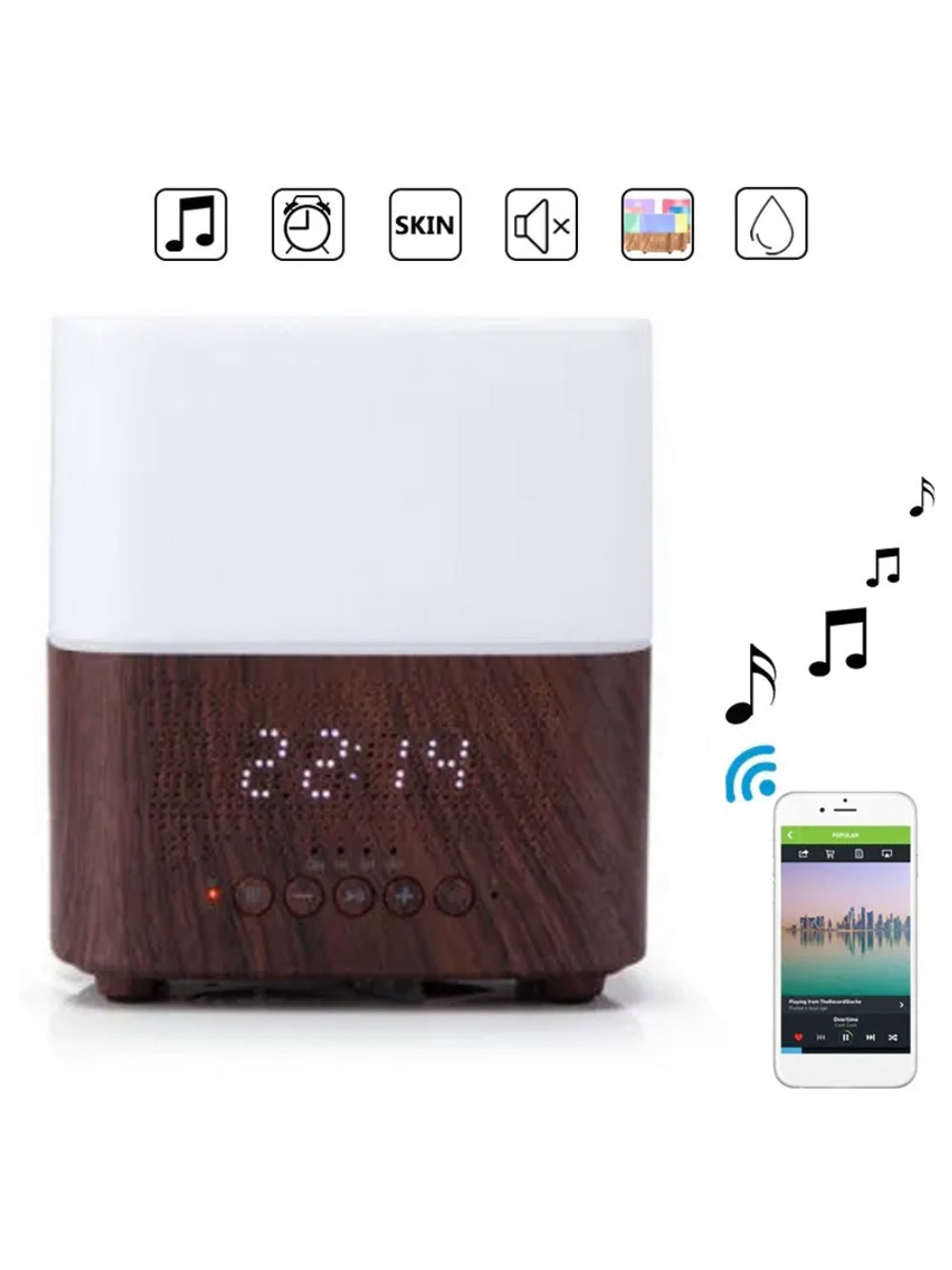 Umidificador E Difusor Aromatizador Som Bluetooth Relogio Cor:Mogno