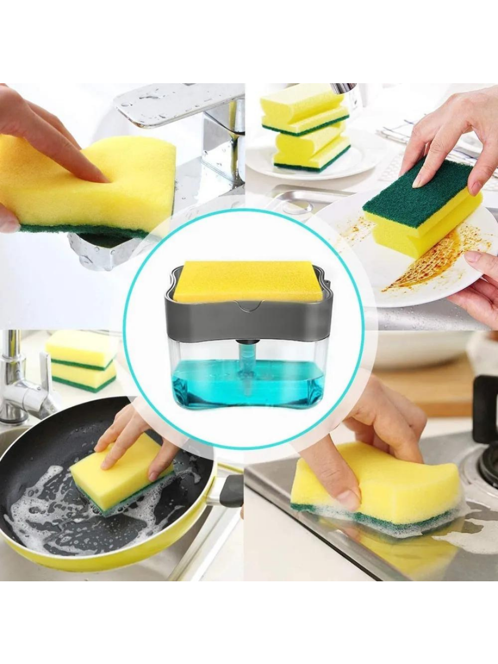 Dispenser Dosador De Detergente Sabão 2x1 Esponja Limpeza Cozinha Com Dosador Cor:Preto