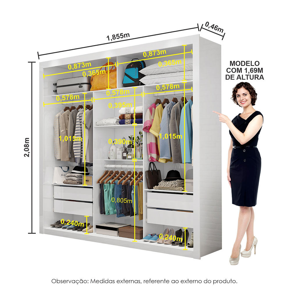 Quarto Completo Casal Closet Clarice 4 Gavetas Sapateira 2 Portas Premium e Cama Carioca Móveis