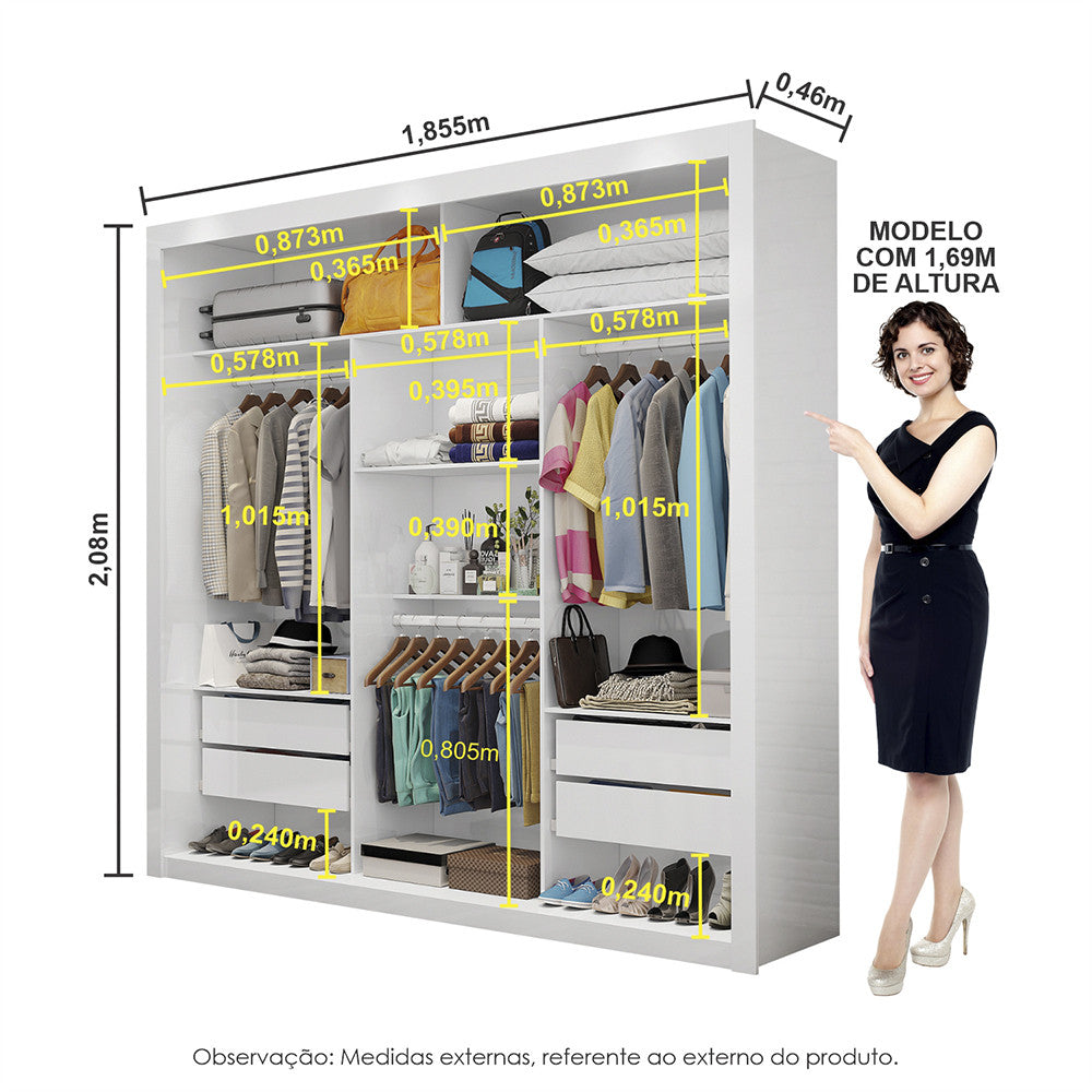 Quarto Completo de Casal com Closet Clarice 4 Gavetas e Cama Paula Carioca Móveis