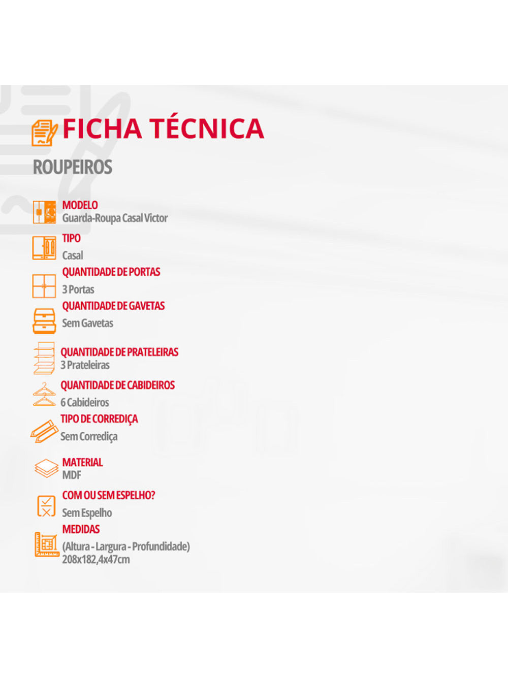 Guarda Roupa Casal Vitor em MDF com 3 Portas e 6 Cabideiros Moderna