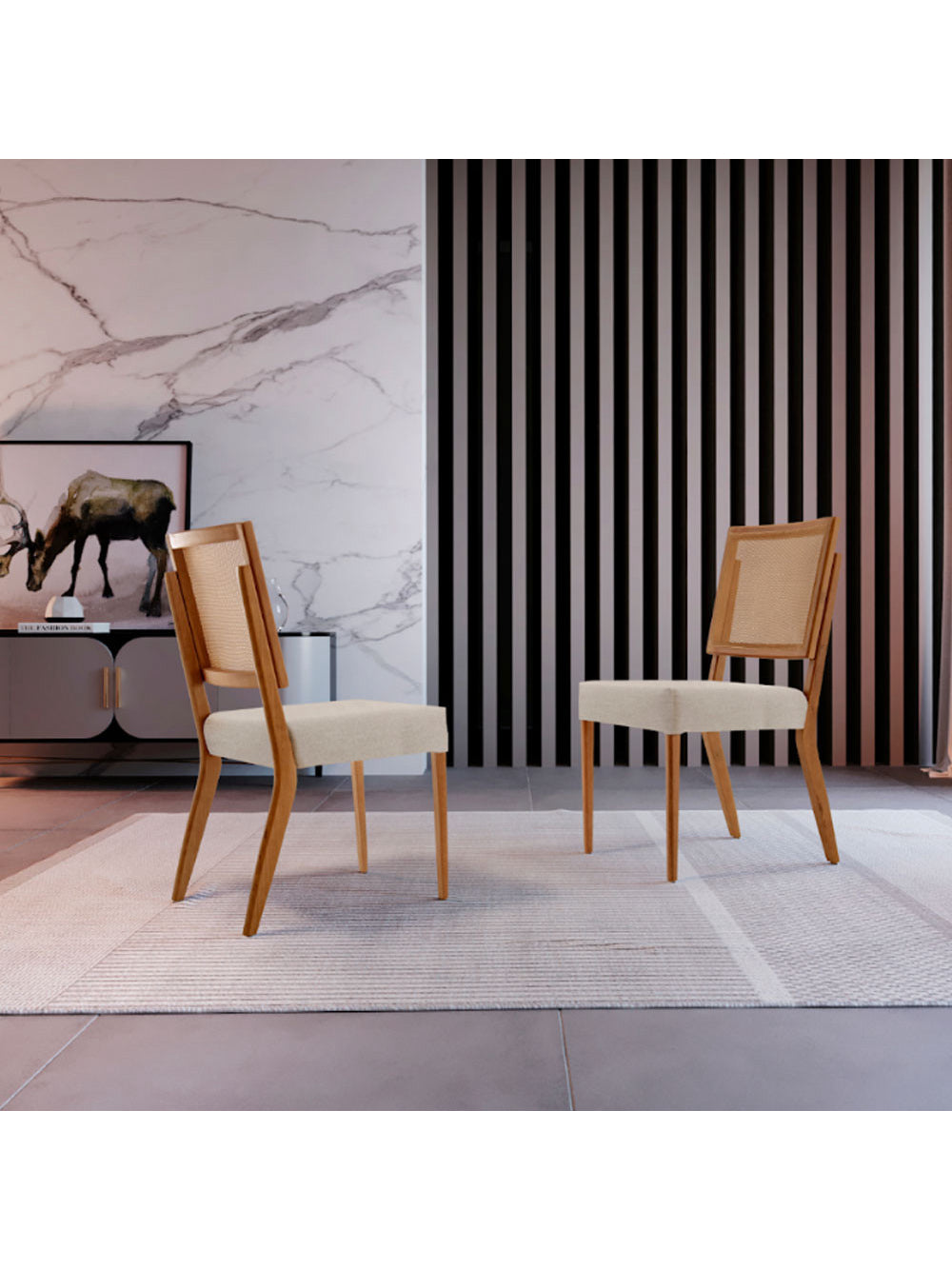 Conjunto com 2 cadeiras Aila em Madeira Maciça para Sala de Jantar Moderna Mobília - Linho Palha/Cinam.imbuia