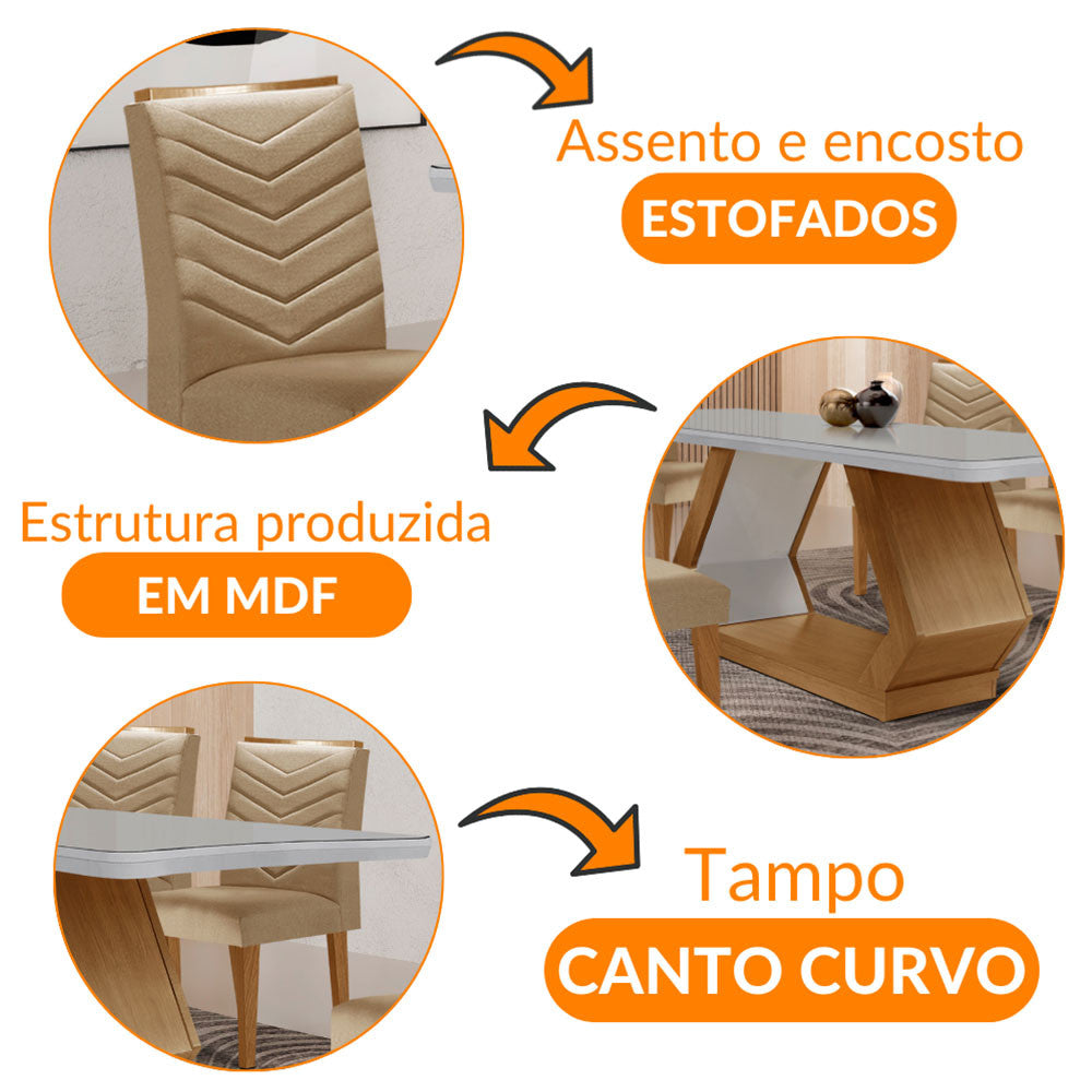 Mesa para Sala de Jantar Alvorada 180cm MDF com Vidro Canto Copo e 6 Cadeiras Liz