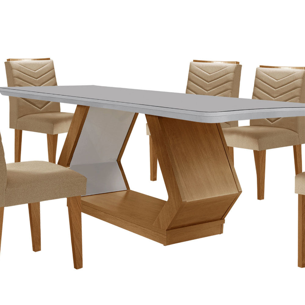 Mesa para Sala de Jantar Alvorada 180cm MDF com Vidro Canto Copo e 6 Cadeiras Liz