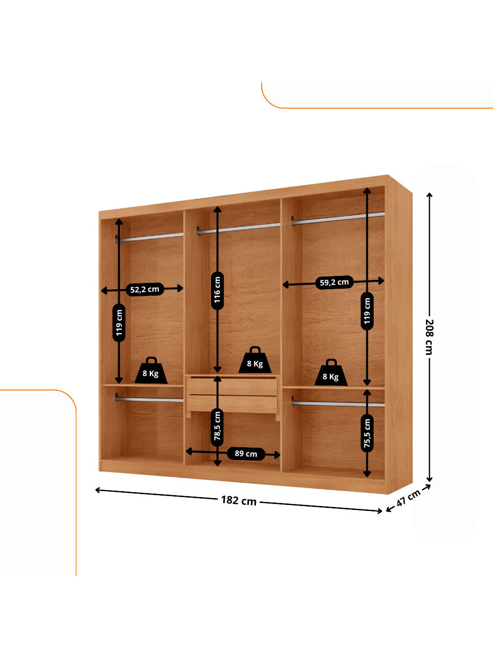 Guarda Roupa Casal Connor 100 MDF 3 Portas e 2 Gavetas - Moderna Mobília