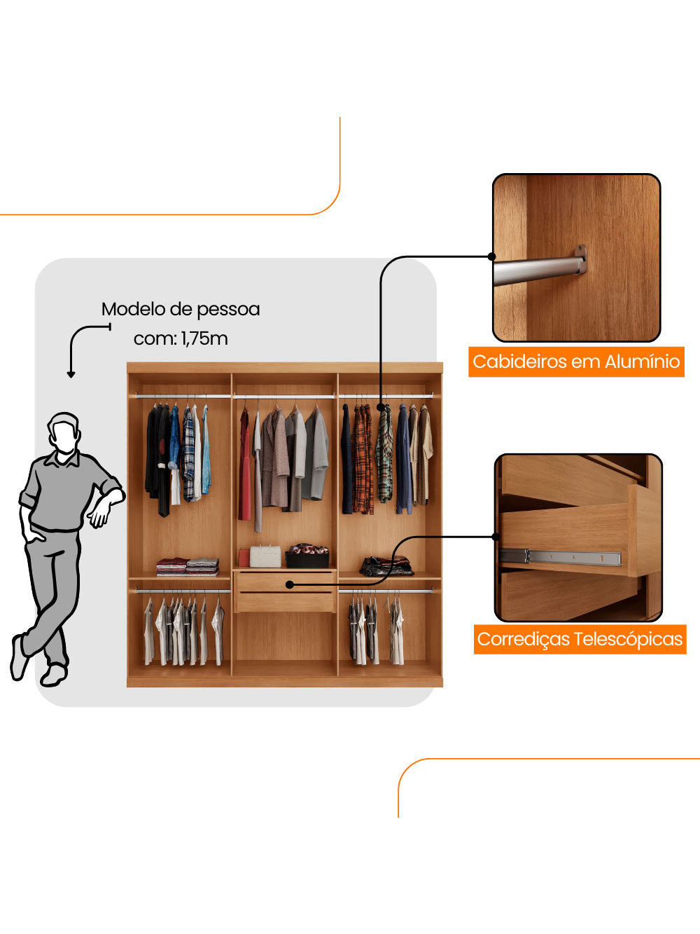 Guarda Roupa Casal Connor 100 MDF 3 Portas e 2 Gavetas - Moderna Mobília