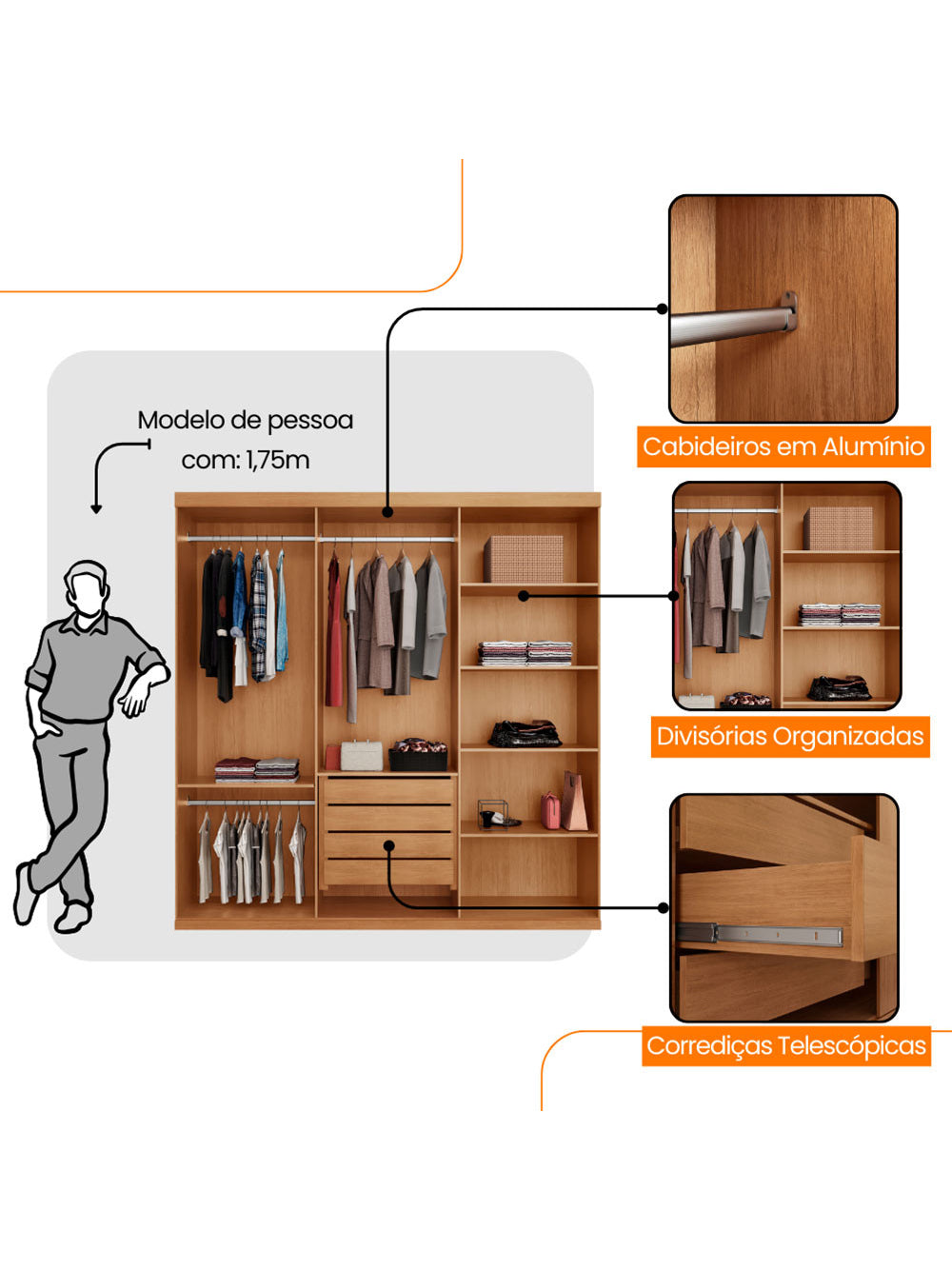 Guarda Roupa Casal Connor 100 MDF 3 Portas 4 Gavetas e 6 Prateleiras Moderna Mobília