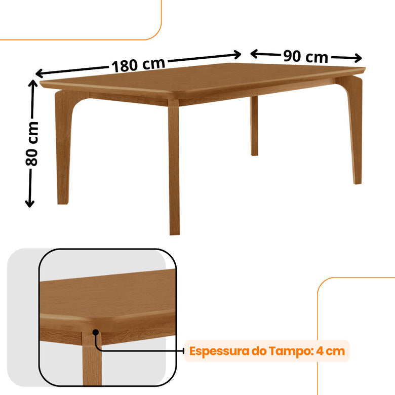 Mesa de Jantar Liz 180cm Tampo MDF Canto Copo Moderna Mobília