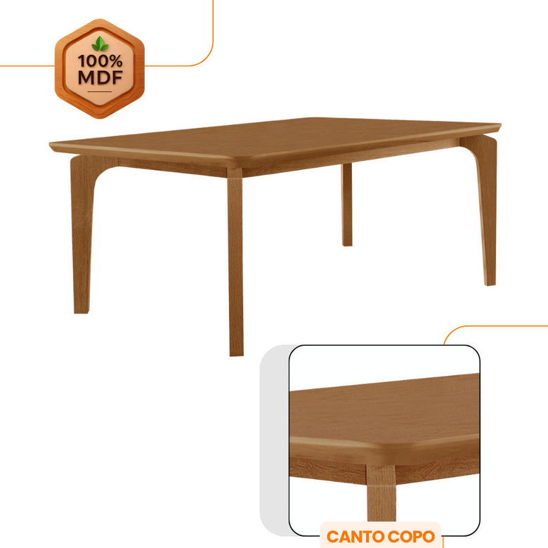 Mesa de Jantar Liz 180cm Tampo MDF Canto Copo Moderna Mobília