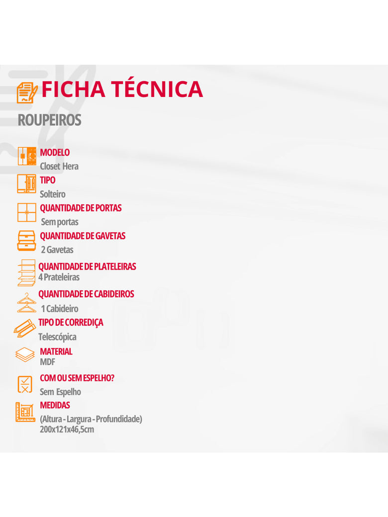 Closet Solteiro Hera 2 Gavetas 4 Prateleiras MDF Rufato