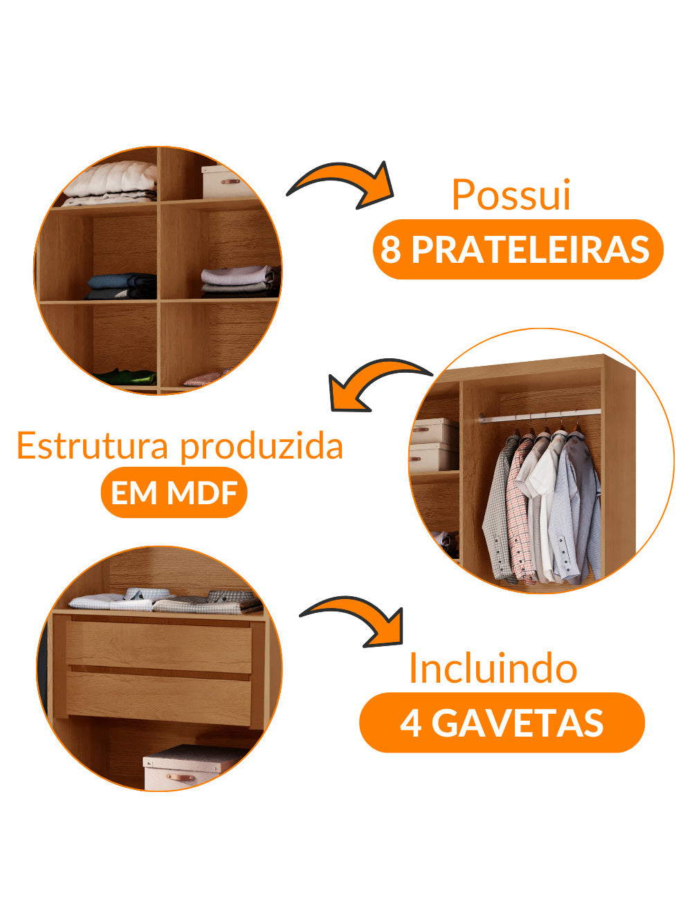 Closet Casal Hera Gold 4 gavetas e 8 prateleiras MDF Rufato