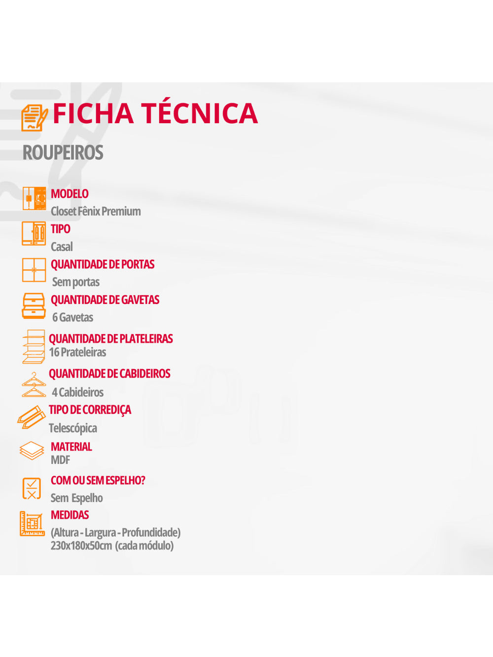Closet Casal Fenix Premium 6 Gavetas 16 Prateleiras MDF Rufato