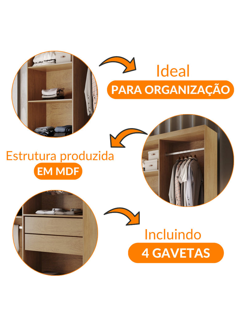 Closet Solteiro Hera Premium 4 Gavetas 8 Prateleiras MDF Rufato