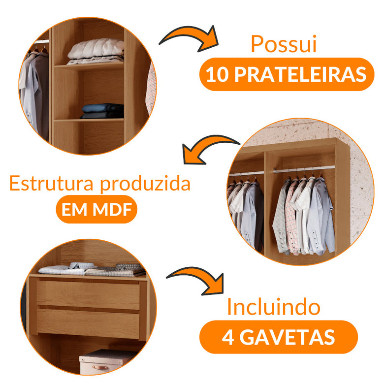 Closet Casal Hera Premium 4 Gavetas e 10 prateleiras MDF Rufato
