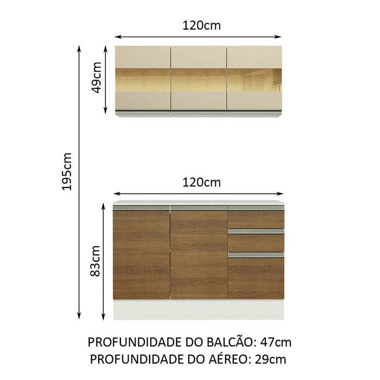 Armário de Cozinha Compacta 100% MDF 120 cm Branco/Rustic/Crema Smart Madesa 01