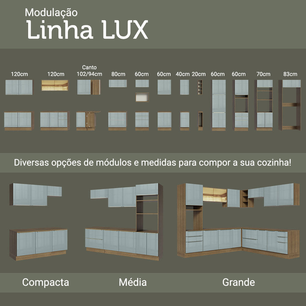 Armário de Cozinha Completa 240cm Rustic/Cinza Lux Madesa 02