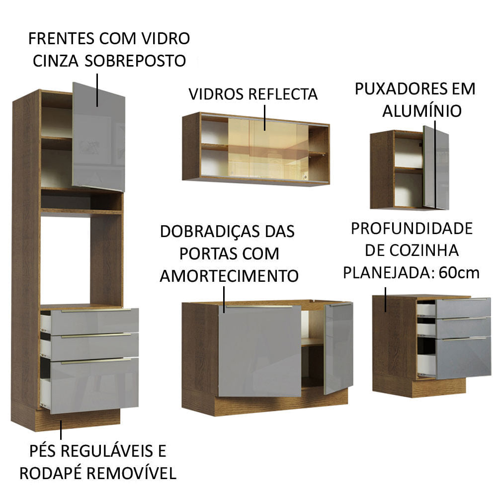 Armário de Cozinha Completa 240cm Rustic/Cinza Lux Madesa 02