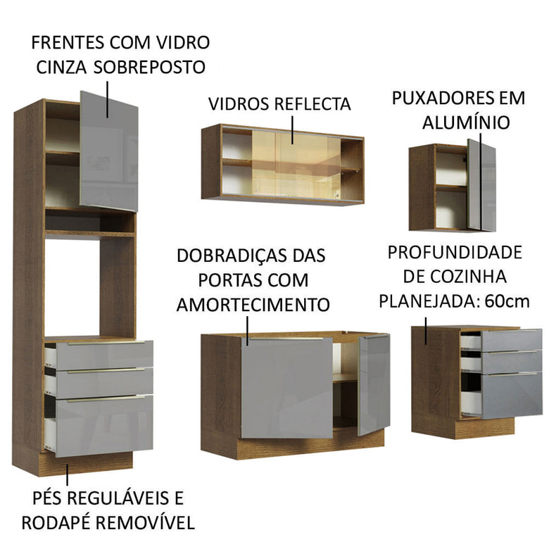 Armário de Cozinha Completa 240cm Rustic/Cinza Lux Madesa 02