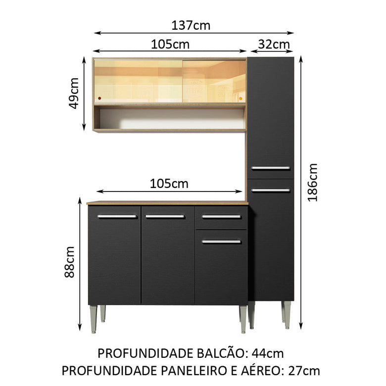Armário de Cozinha Compacta 137cm Rustic/Preto Emilly Art Madesa 04