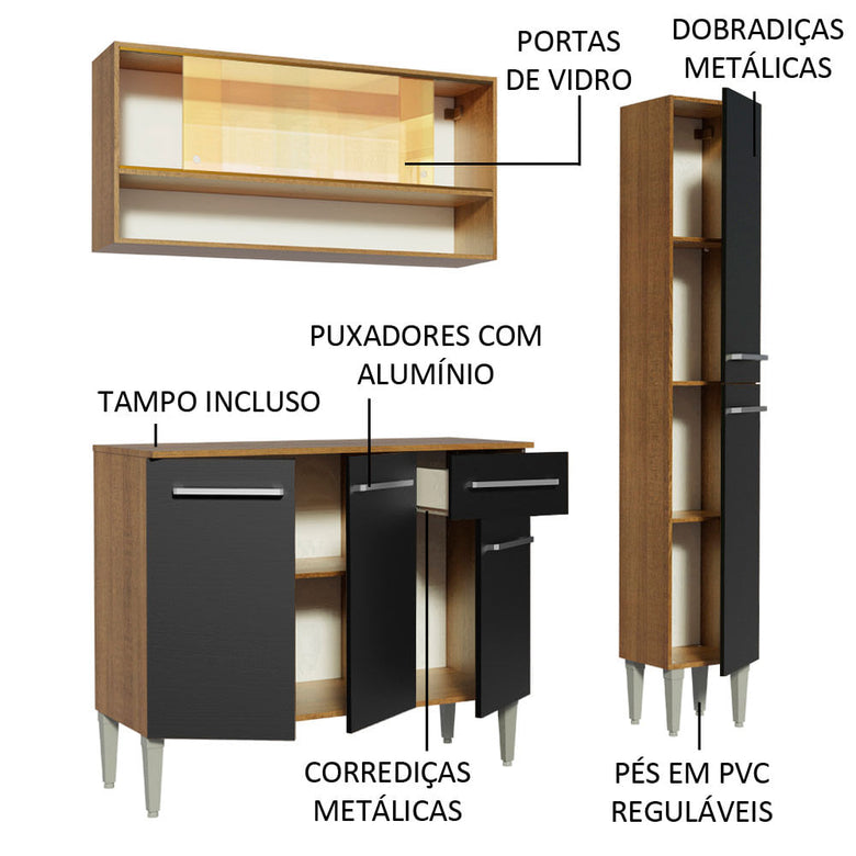 Armário de Cozinha Compacta 137cm Rustic/Preto Emilly Art Madesa 04