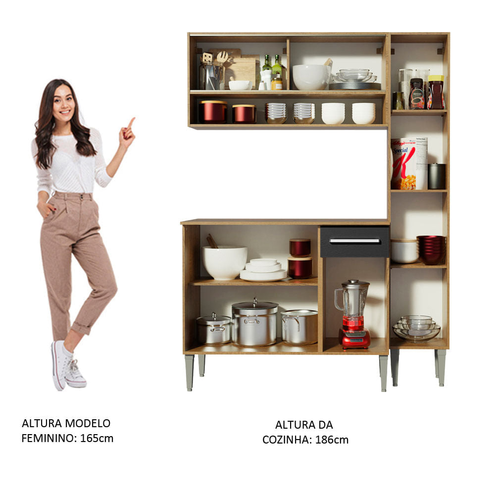 Armário de Cozinha Compacta 137cm Rustic/Preto Emilly Art Madesa 04