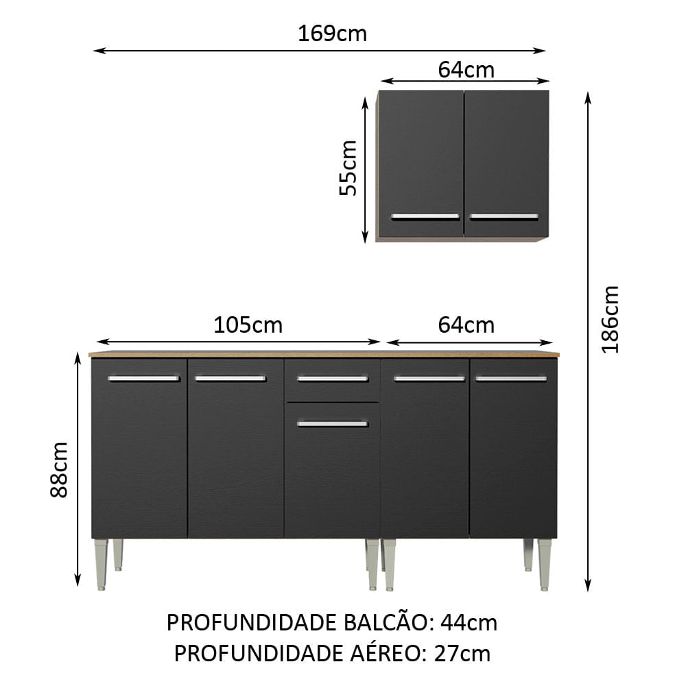 Armário de Cozinha Compacta 169cm Rustic/Preto Emilly Free Madesa 01