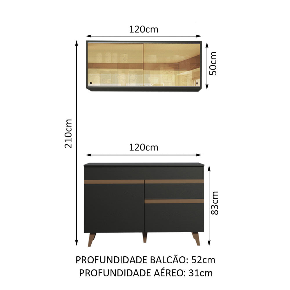 Armário de Cozinha Compacta 120cm Preto Reims Madesa 01