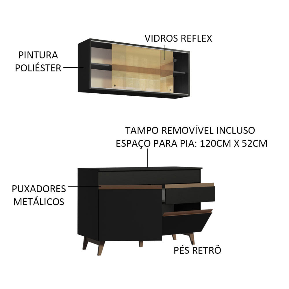 Armário de Cozinha Compacta 120cm Preto Reims Madesa 01