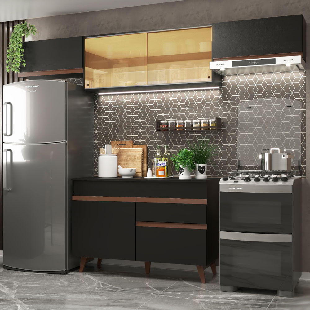 Armário de Cozinha Compacta Reims 260cm Preto Reims Madesa 03 - Preto