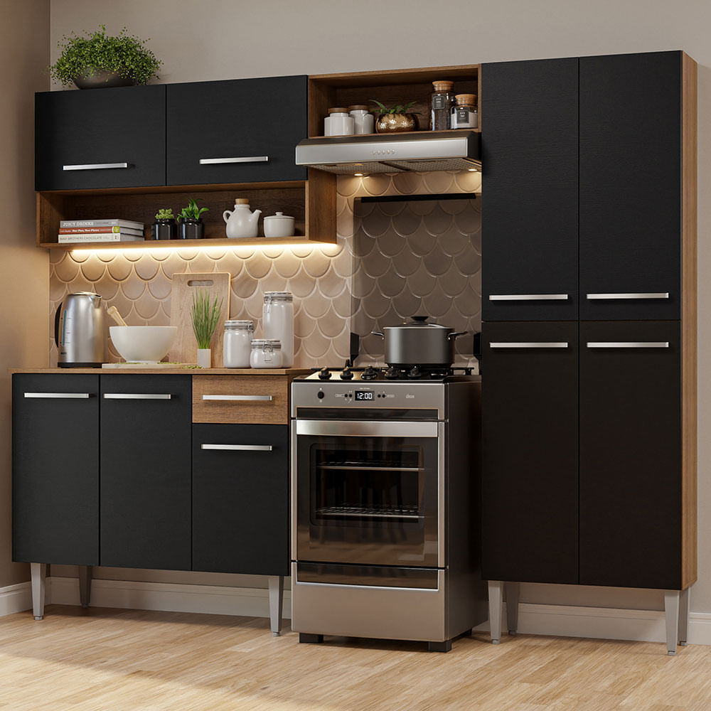 Armário de Cozinha Compacta Madesa Emilly Pop com Balcão Rustic/Preto - Rustic/Preto