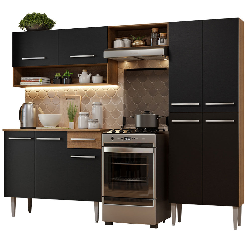 Armário de Cozinha Compacta Madesa Emilly Pop com Balcão Rustic/Preto - Rustic/Preto
