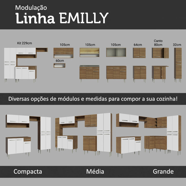 Armário de Cozinha Compacta 229cm Branco/Rustic Emilly Pop Madesa 02