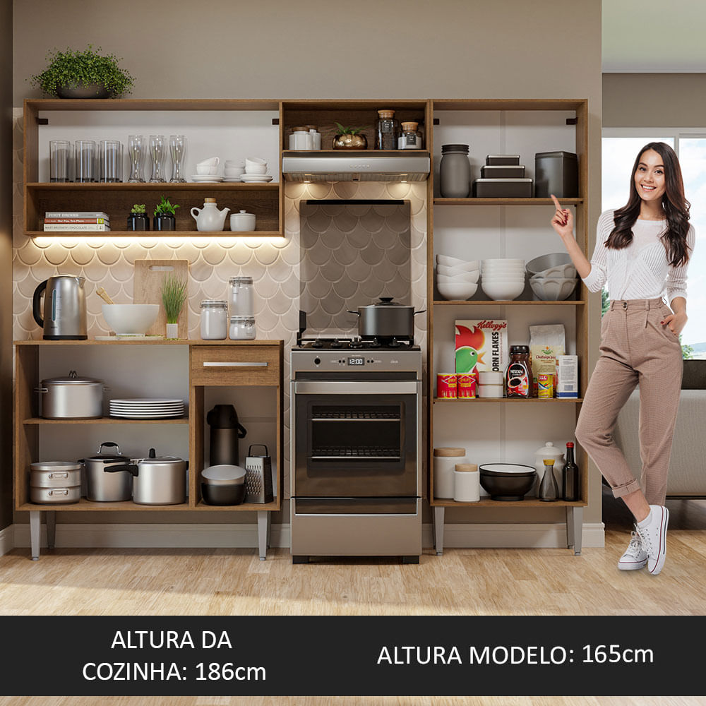Armário de Cozinha Compacta 229cm Branco/Rustic Emilly Pop Madesa 02