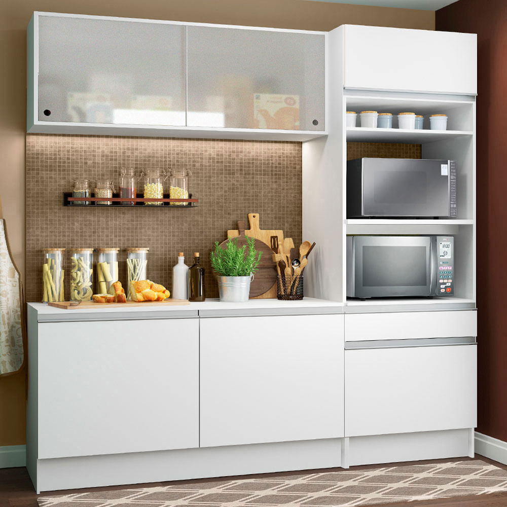 Armário de Cozinha Compacta com Balcão e Tampo Branco Topazio Pop Madesa - Branco