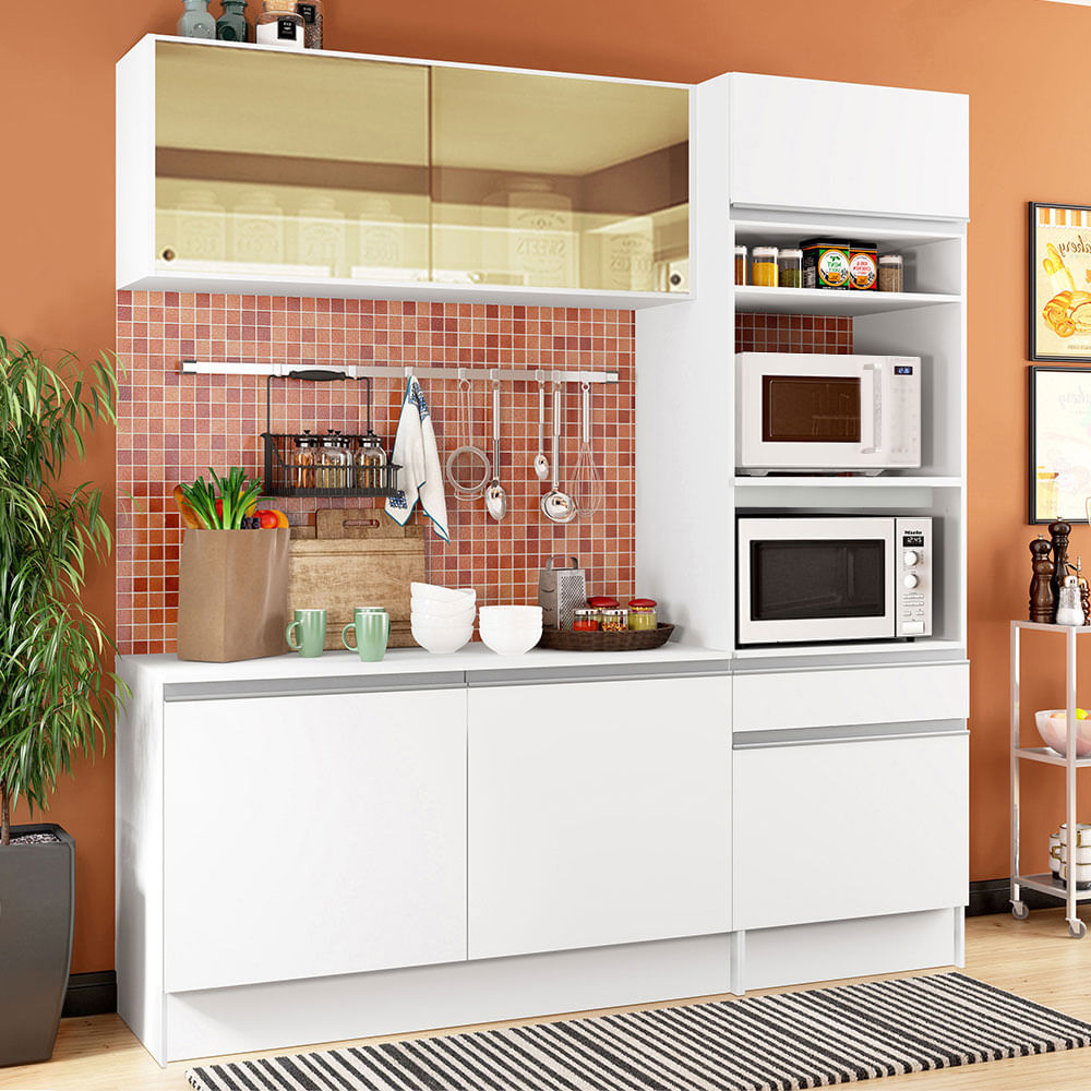 Armário de Cozinha Compacta  com Balcão e Tampo Branco Diamante Pop Madesa - Branco