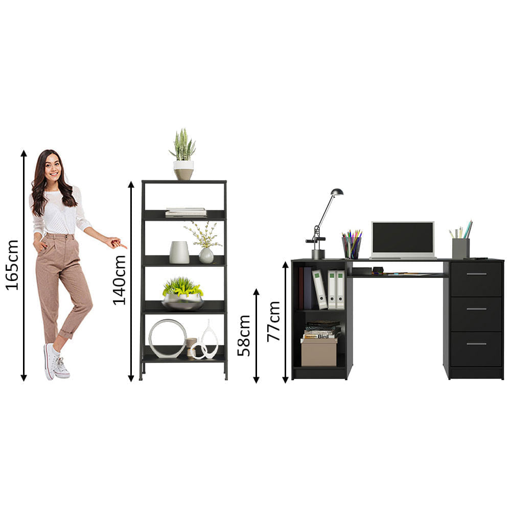 Escrivaninha Madesa Alaska + Estante Escada Preto