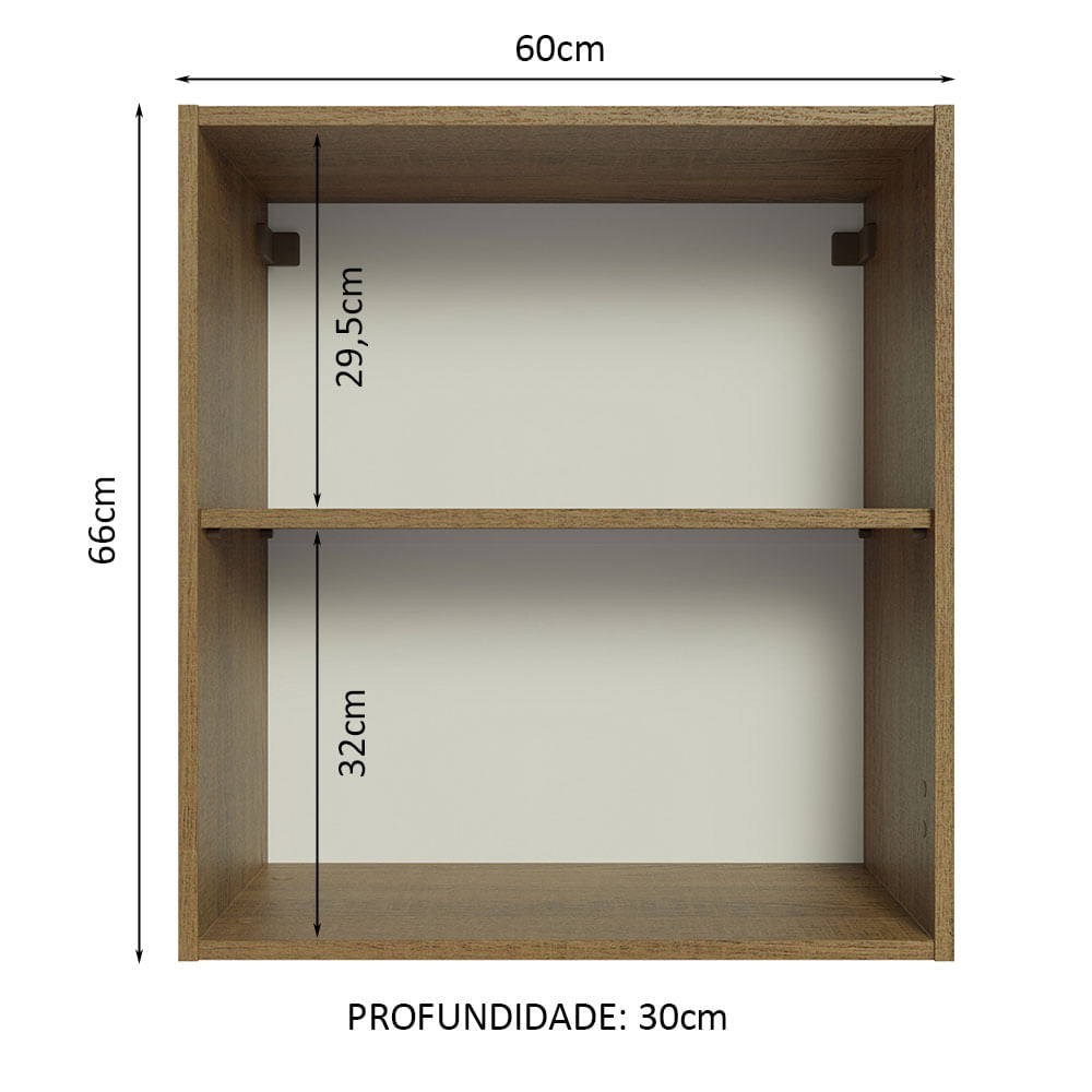 Armário Aéreo 60 cm com 2 Nichos Abertos para Cozinha Madesa Lux, Glamy, Agata, Stella Rustic - Rustic
