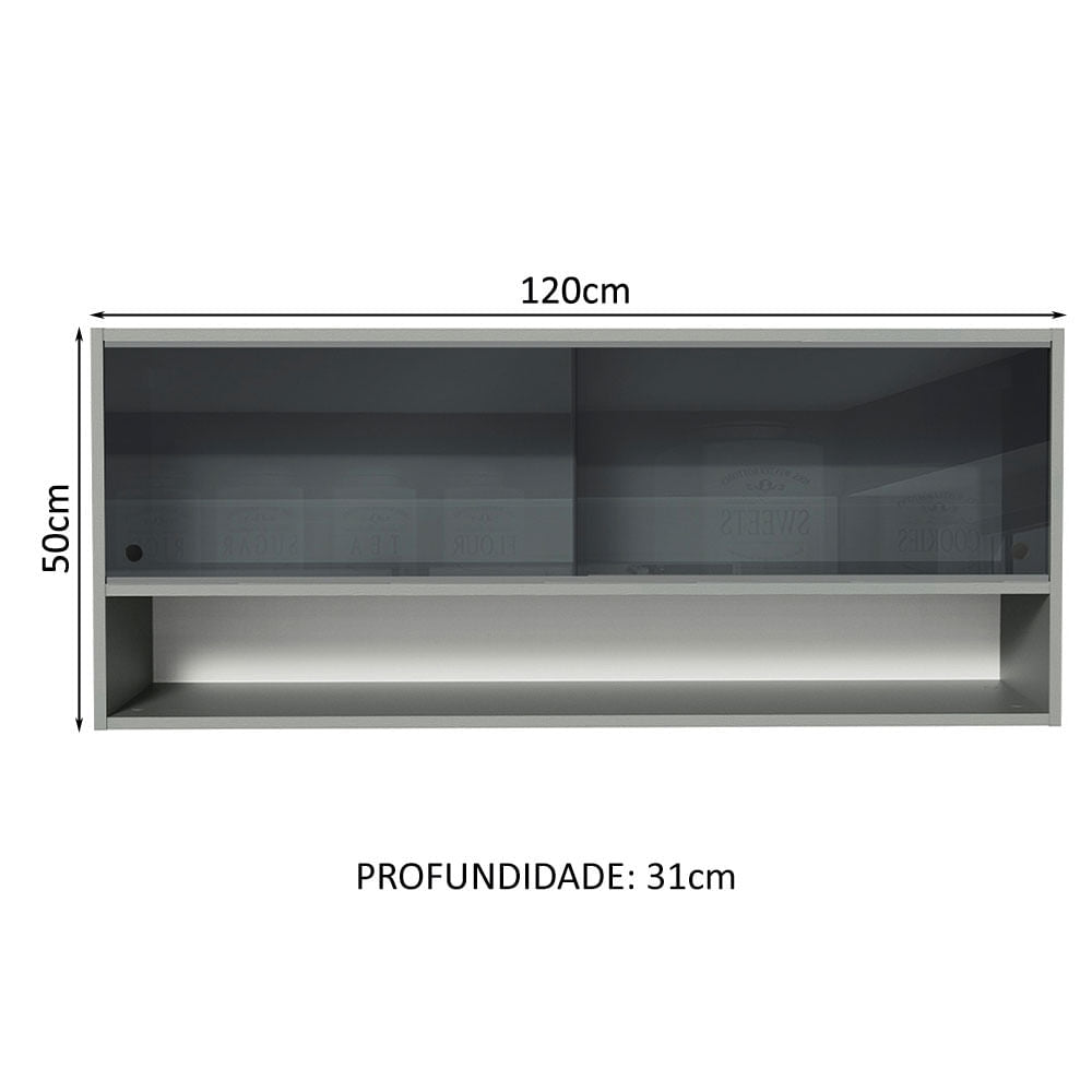 Armário Aéreo 2 Portas de Correr de Vidro Neutral e 1 Nicho Cinza Nice Madesa - Cinza