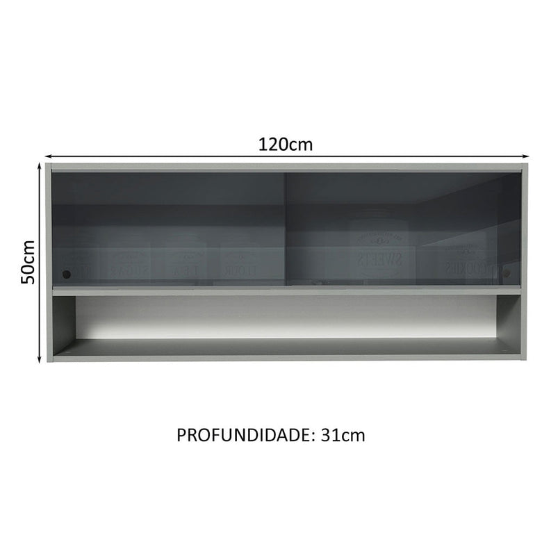 Armário Aéreo 2 Portas de Correr de Vidro Neutral e 1 Nicho Cinza Nice Madesa