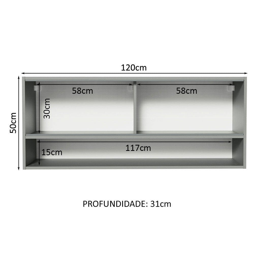 Armário Aéreo 2 Portas de Correr de Vidro Neutral e 1 Nicho Cinza Nice Madesa