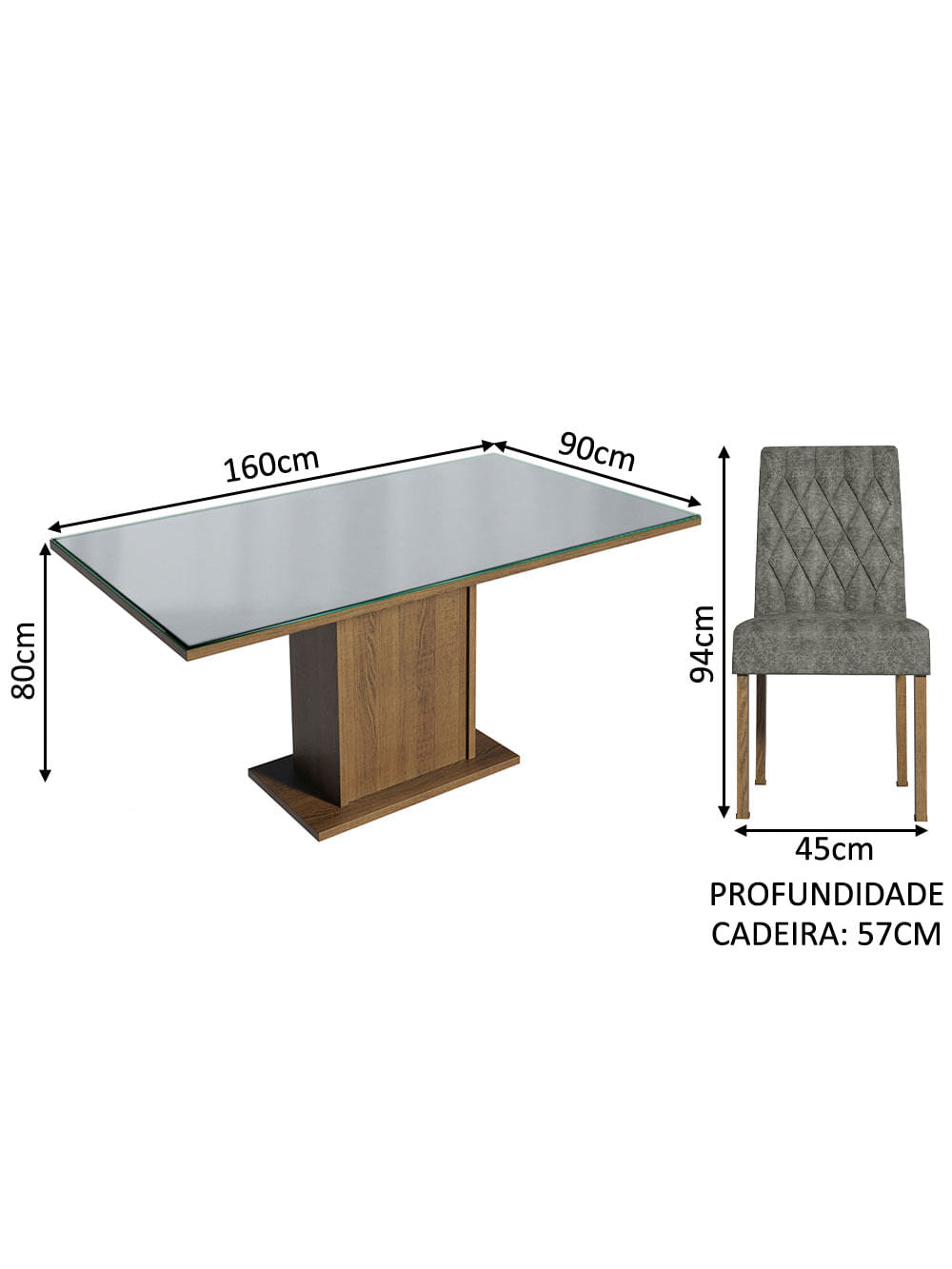 Conjunto Sala de Jantar Mesa Tampo de Vidro 6 Cadeiras Rustic/Cinza/Silver Geórgia Madesa