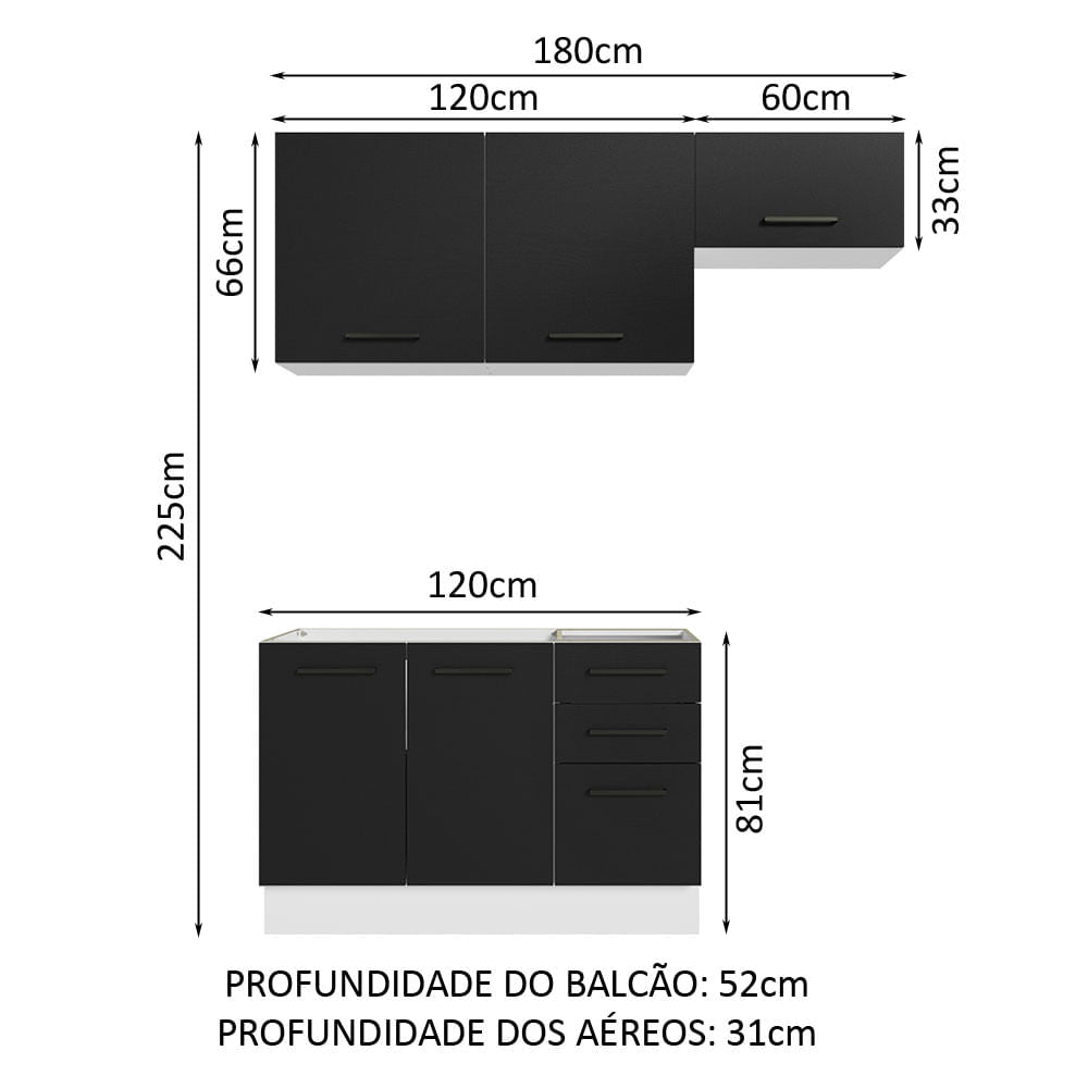Armário de Cozinha Compacta 180cm Branco/Preto Agata Madesa 09