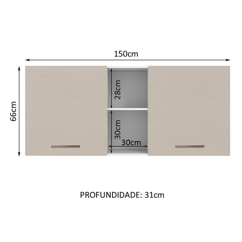 Armário Aéreo 150 cm 2 Portas e 2 Nichos Branco/Crema Agata Madesa