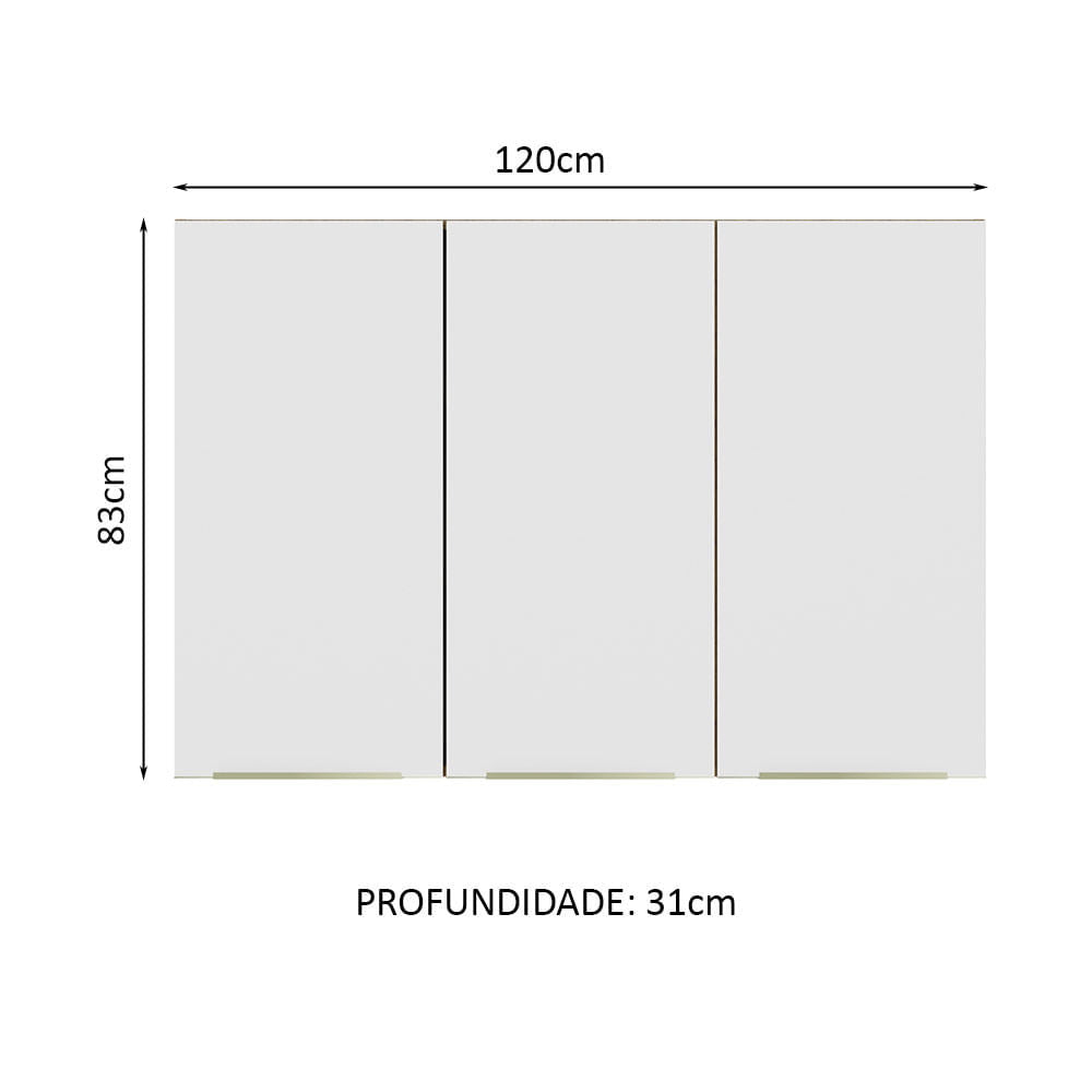 Armário Aéreo 120 cm 3 Portas Rustic/Branco Veludo Lux Madesa - Rustic/Branco Veludo